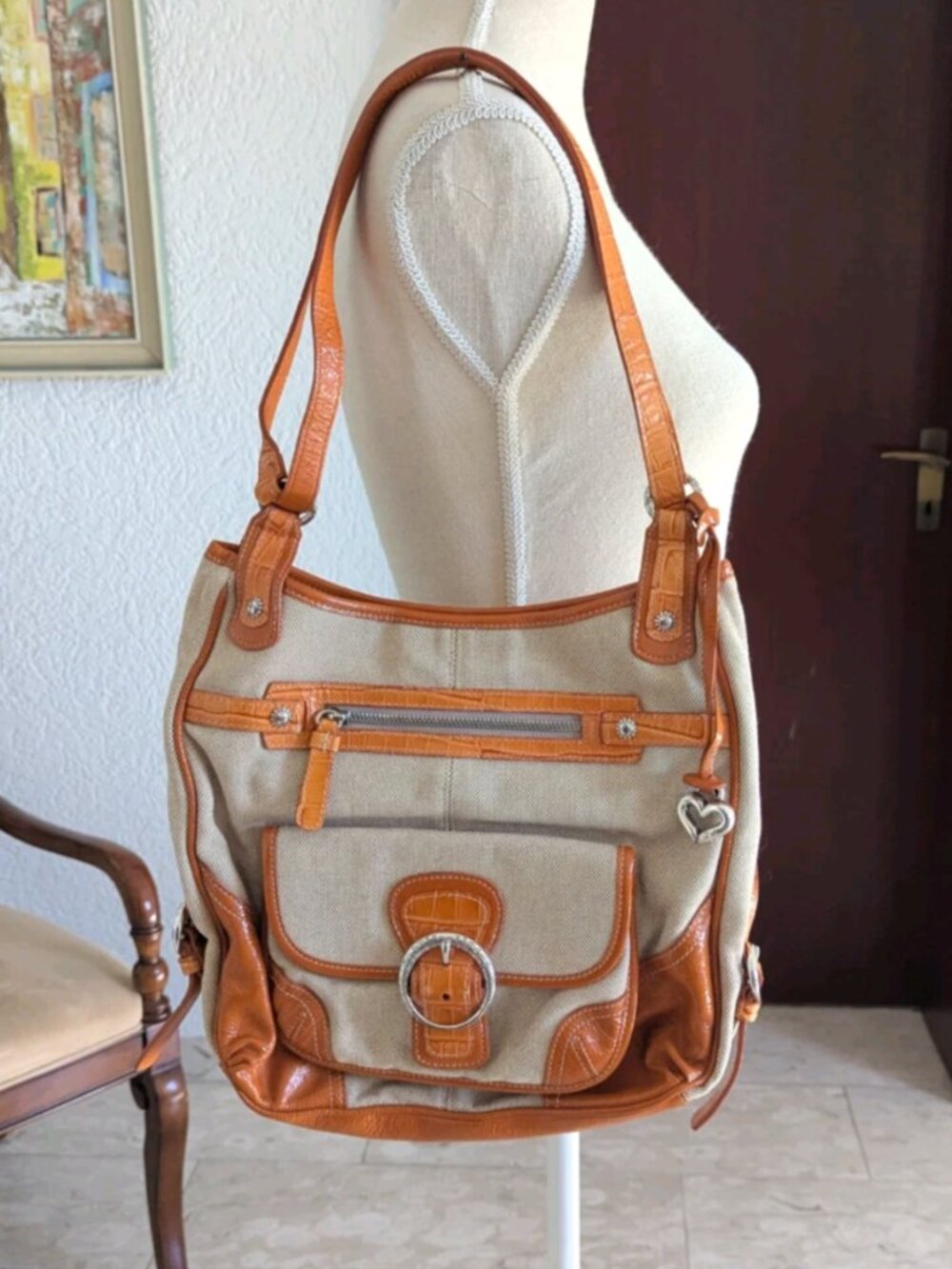Brighton canvas patent leather shoulder bag purse handbag pocketbook pockets
